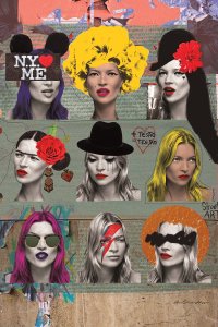 Collage of Kate Moss in various styles with different headpieces