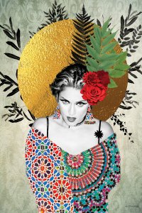 Madonna with flower leaf headpiece wearing patterned dress in front of gold circle