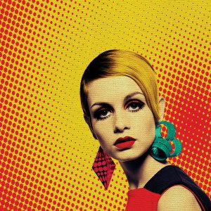 Twiggy with big earrings in pop art background