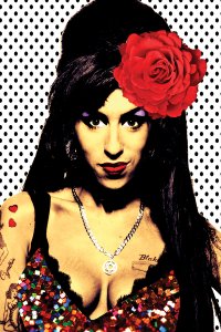Amy Winehouse in sequin top wearing red carnation in hair