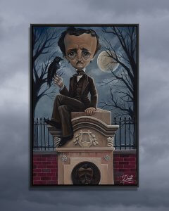 Edgar Allen Poe on cemetary wall with raven on finger