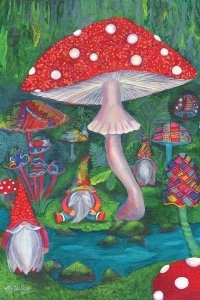 Giant mushrooms in a forest surrounded by gnomes