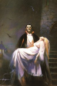 Vampire holding woman in arms surrounded by bats