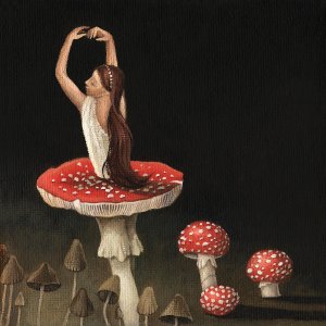 Ballerina with mushroom tutu surrounded by other mushrooms