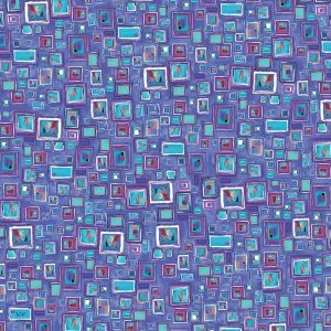 Pattern of blue squares with artwork inside each square