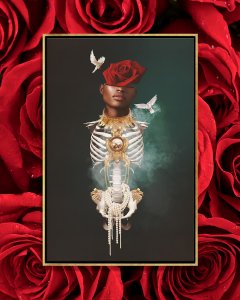 Skeleton with human face underneath red rose