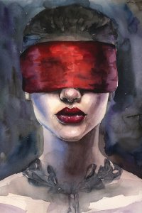 Red blindfold on woman with red lips