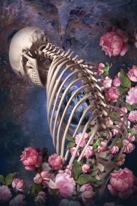 Skeleton surrounded by pink flowers