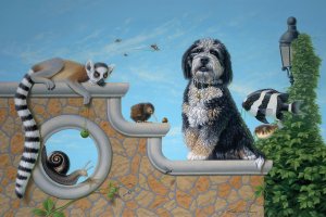 Dog with fish, bird, snail, and lemur sitting on a decorative ledge