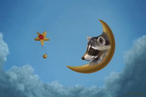 Raccoon head on a crescent moon in sky