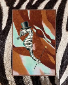 Seahorse with zebra print stripes wearing top hat and holding cane
