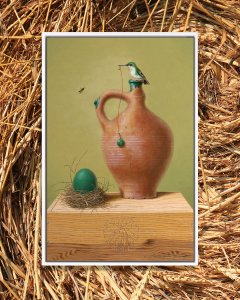 Bird on top of wine jug next to nest with green egg