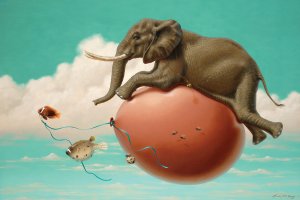 Elephant floating on top of balloon in the sky being pulled by fish