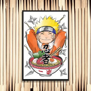Naruto with throwing knives and bowl of ramen with chopsticks