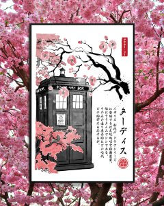 Tardis with cheery blossom trees and Japanese letters