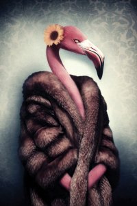 Flamingo dressed in fur coat with sunflower on head