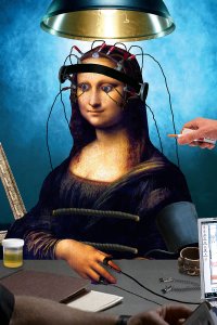 Mona Lisa with wires hooked up to brain under examination light