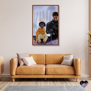 Black Panther sitting next to little boy with mask on and emotional pose