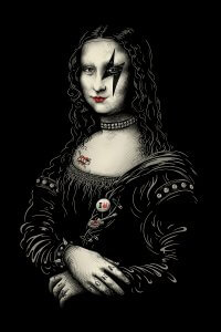 Mona Lisa as a rockstar with studded jewelry and tattoos