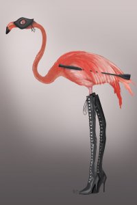 Flamingo wearing black eye mask and tall heeled boots holding black paddle