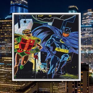 Batman and Robin running through the city at night