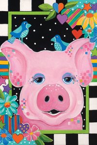 Pig in checkered frame with birds, hearts, and flowers