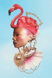 Black woman's head floating with flamingo as her hair