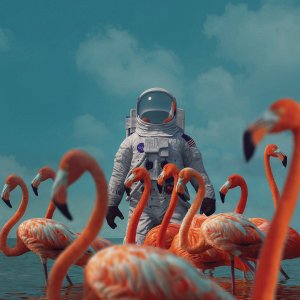 Astronaut standing behind group of flamingos