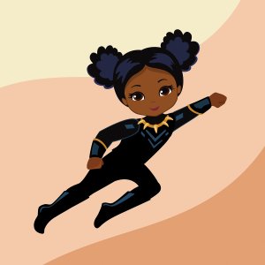 Little girl in superhero outfit with two hair buns