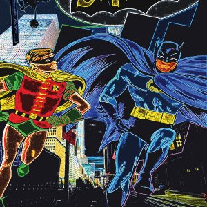 Batman and Robin running through the city at night