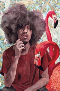 Black man with afro next to two flamingos