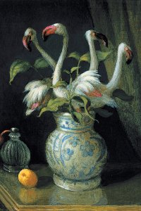 Vase with white flamingos poking their heads out