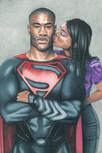 Black Superman with wife kissing his cheek