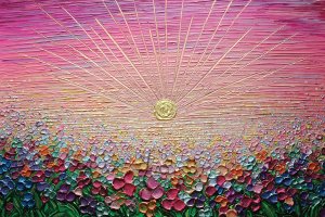 NKH110 Field of pink, blue, and purple flowers with pink sky and big sun rays
