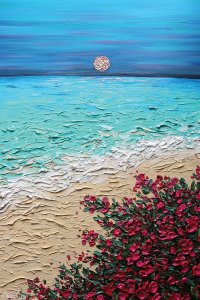 NKH35 Blue ocean washing up to the sand with dark pink flowers and sun in sky