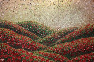 NKH58 Red flowers on green hills with decorative sun