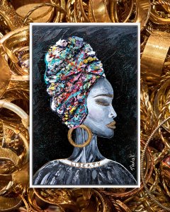 NKH72-ls Woman with colorful turban and gold hoop earring
