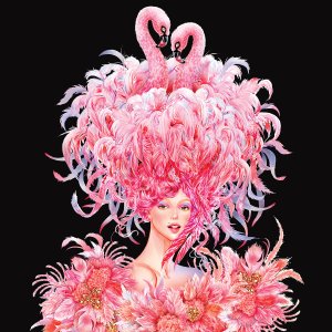 Woman with feathery headpiece and flamingo heads popping out