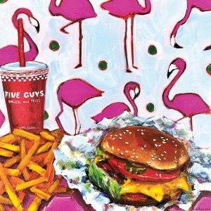 Five Guys drink cup with fries and burger in front of flamingo background