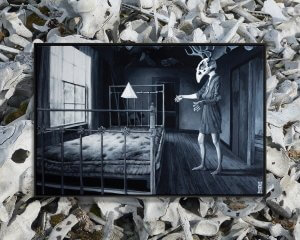 Human with animal skull on head with antlers standing next to a bed