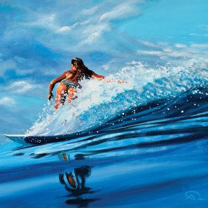 Woman surfing on water with big splash of water