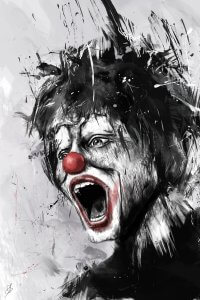 Clown with red nose and mouth wide open