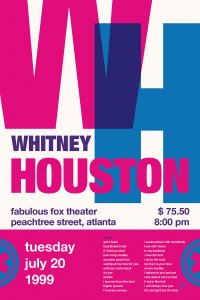 Whitney Houston concert poster in blue and pink