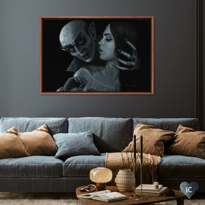 Vampire creature holding woman's head with menacing face