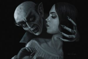 Vampire creature holding woman's head with menacing face