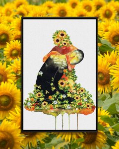 Lifestyle-PNY58 Flower faced figure holding dark figure surrounded by sunflowers