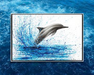 Dolphin coming out of splashes of blue water