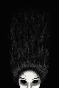 White face with black eyes with dark hair flowing upwards