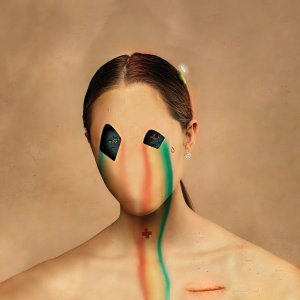 Faceless woman with rainbow tear stripes down face and cracks for eyes