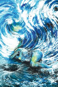 PNY17 Nude woman lying near waterhole with waves surrounding her